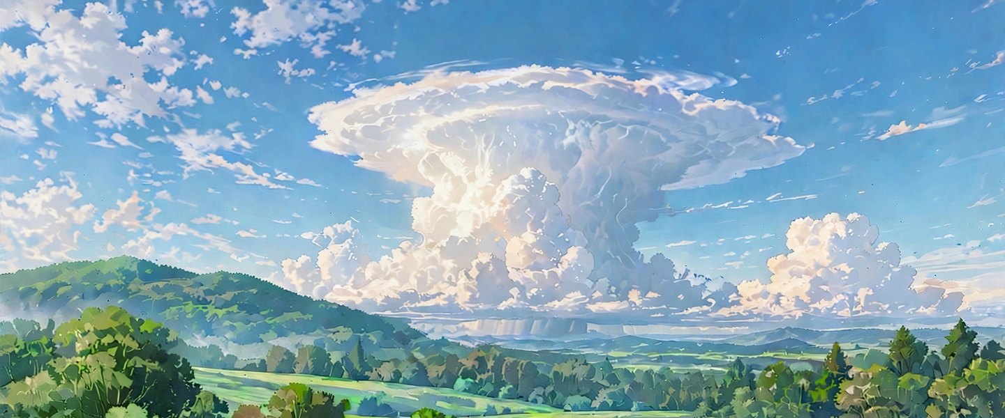 Hand-painted daytime thunderhead cloud rising over green hills and meadow, in the style of the Next Level Clinician series artwork