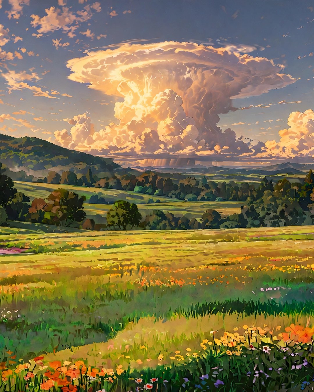 Hand-painted evening thunderhead over rolling hills, in the style of the Next Level Clinician series artwork