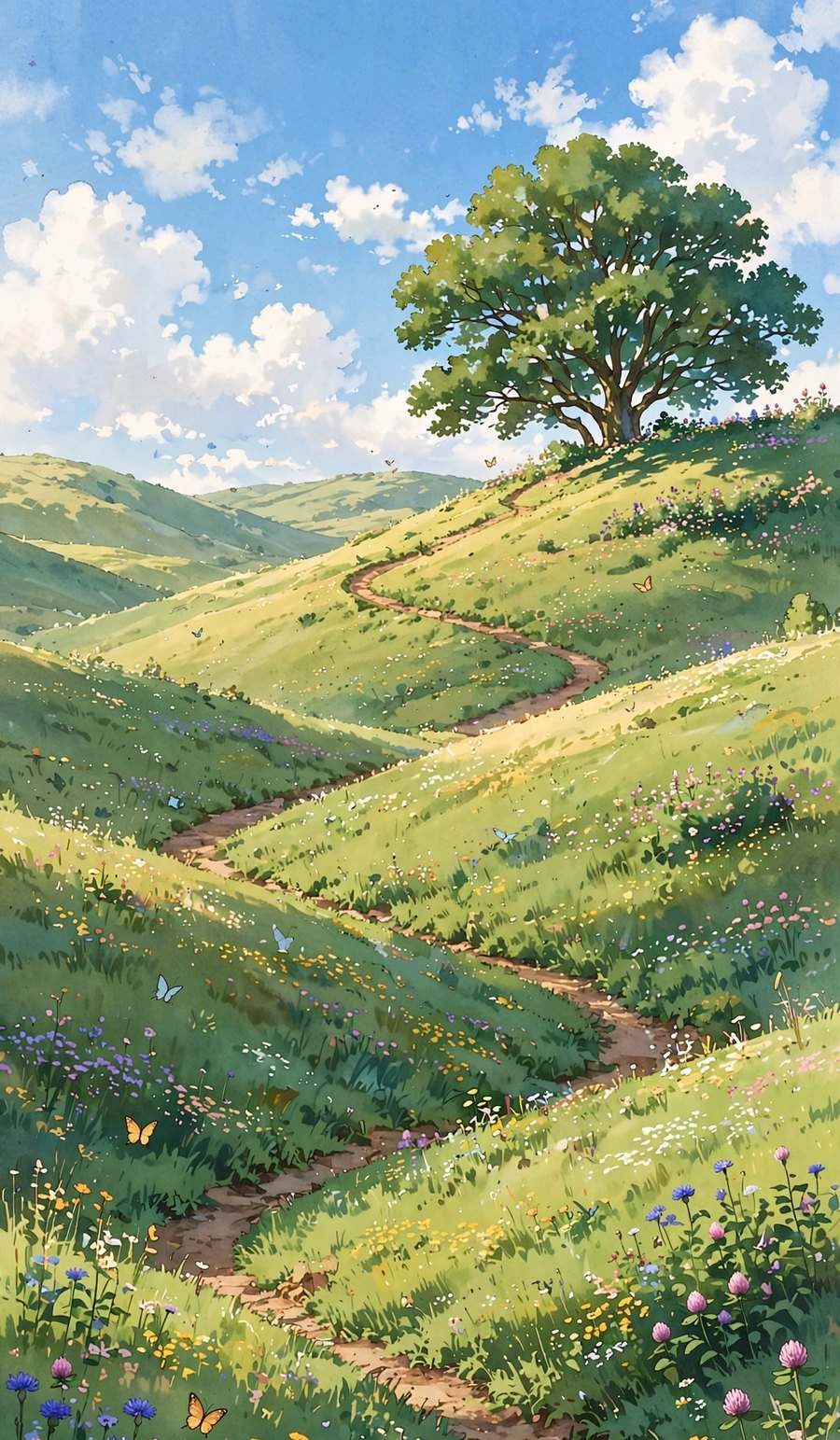 Hand-painted green hills and meadow under a soft sky, in the style of the Next Level Clinician series artwork